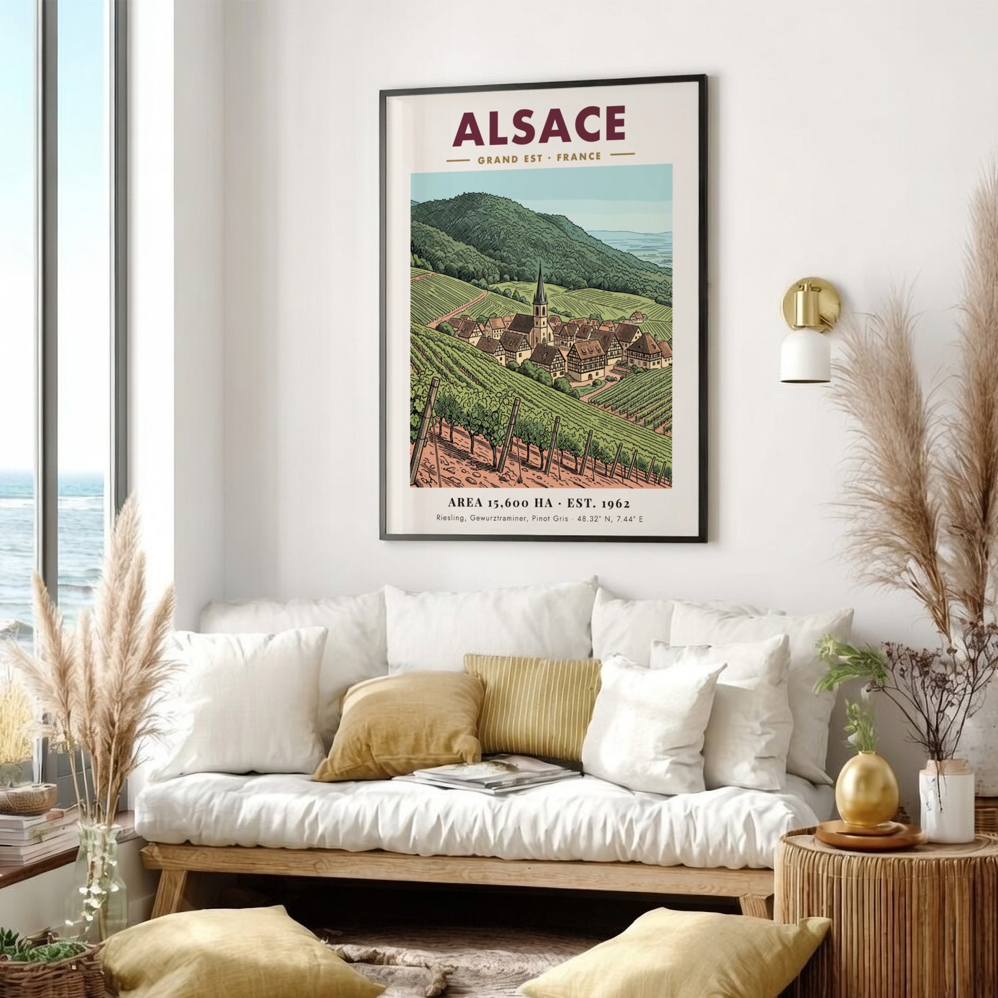 Poster of the Alsace wine region featuring rolling vineyards and a village church.