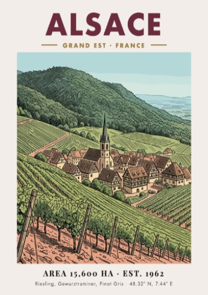 Poster of the Alsace wine region featuring rolling vineyards and a village church.