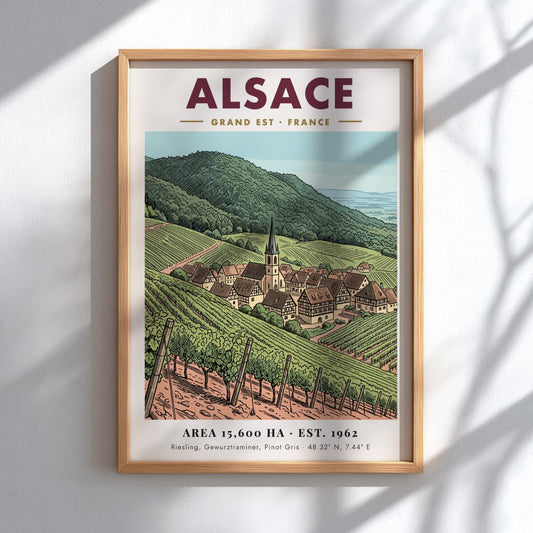 Poster of the Alsace wine region featuring rolling vineyards and a village church.
