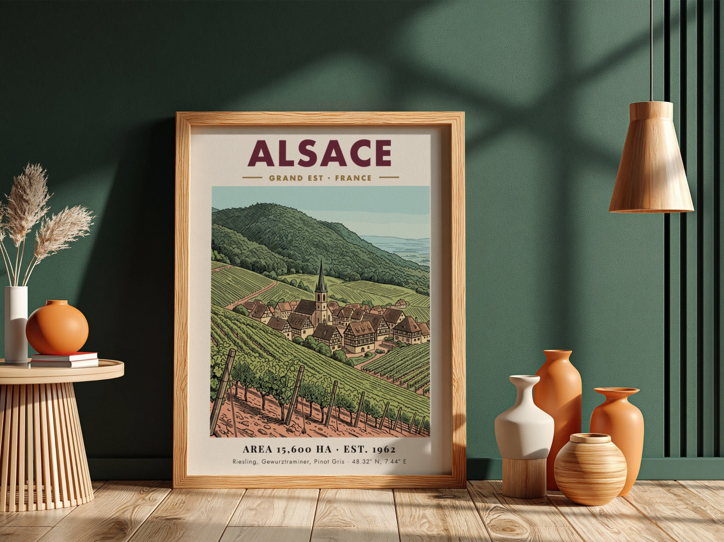 Poster of the Alsace wine region featuring rolling vineyards and a village church.