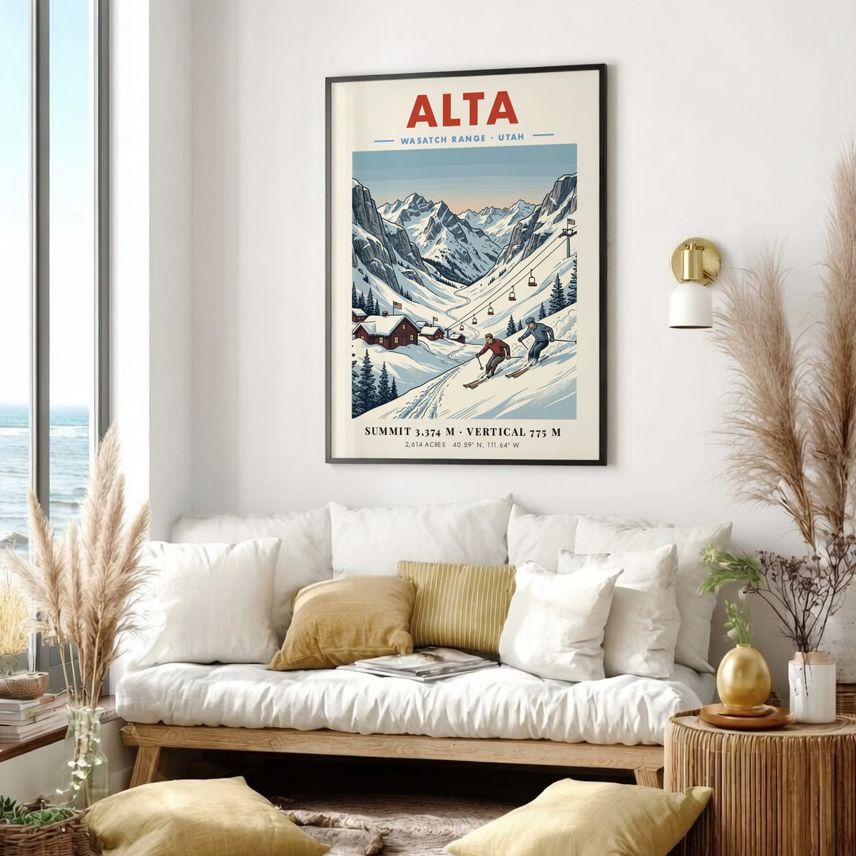 Vintage travel poster of Alta Utah showing skiers on a mountain with cabins