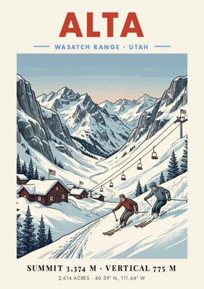 Vintage travel poster of Alta Utah showing skiers on a mountain with cabins
