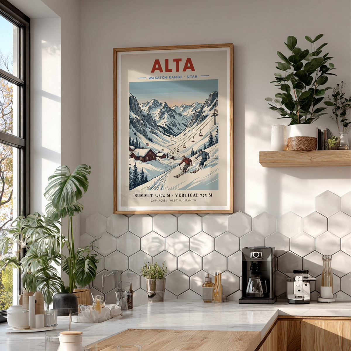 Vintage travel poster of Alta Utah showing skiers on a mountain with cabins