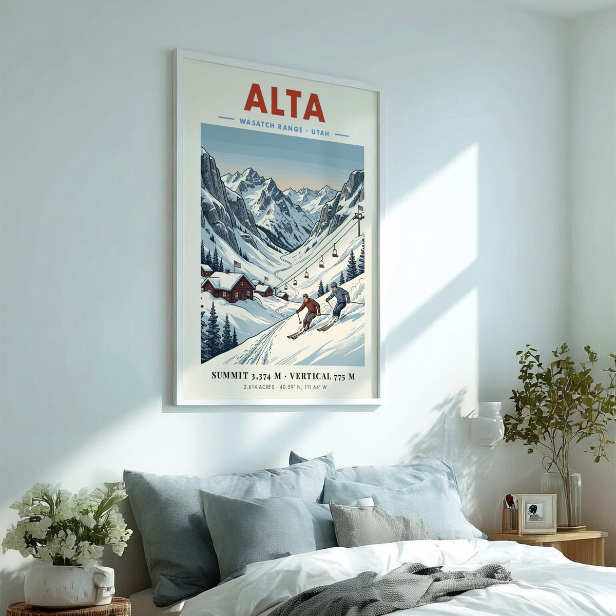 Vintage travel poster of Alta Utah showing skiers on a mountain with cabins