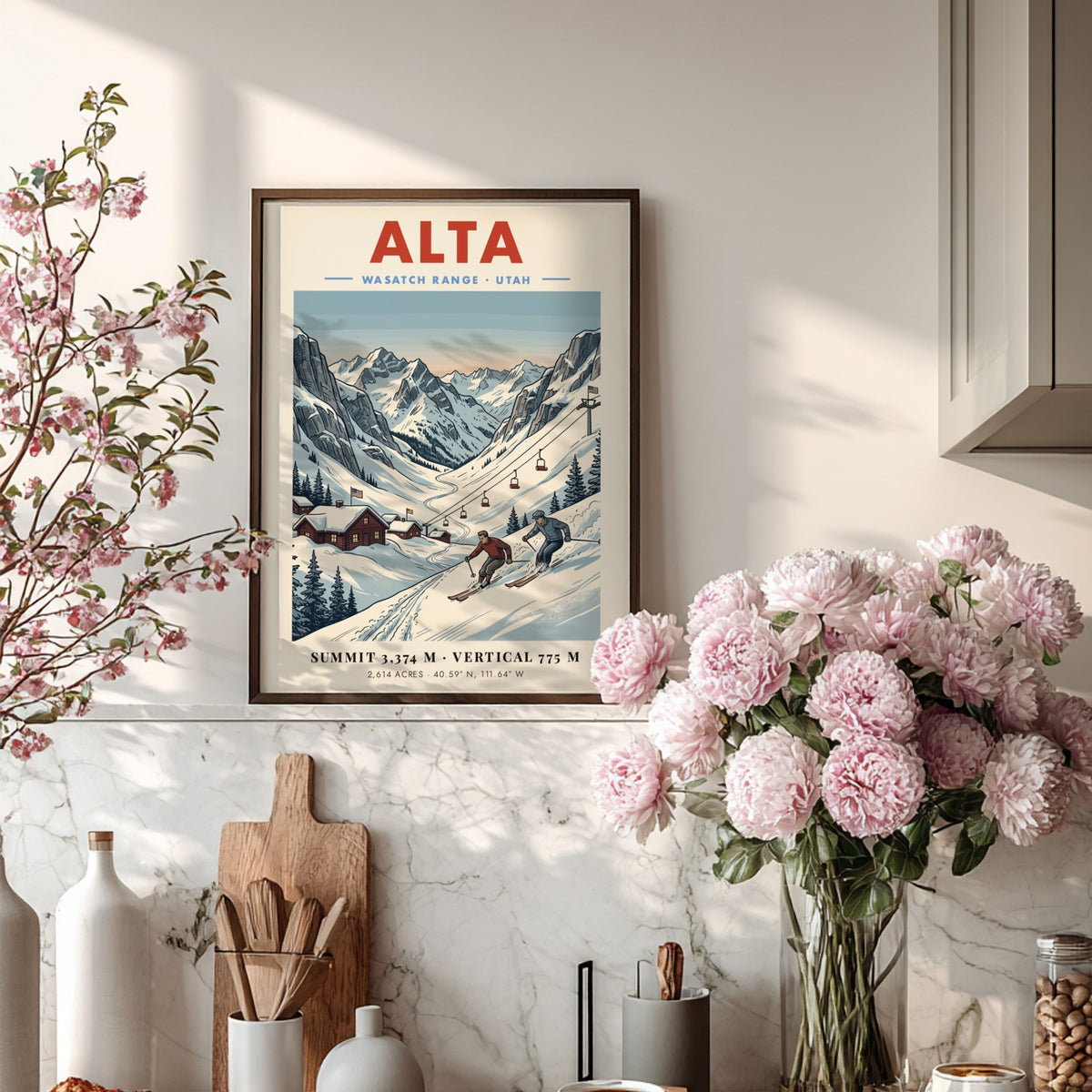 Vintage travel poster of Alta Utah showing skiers on a mountain with cabins