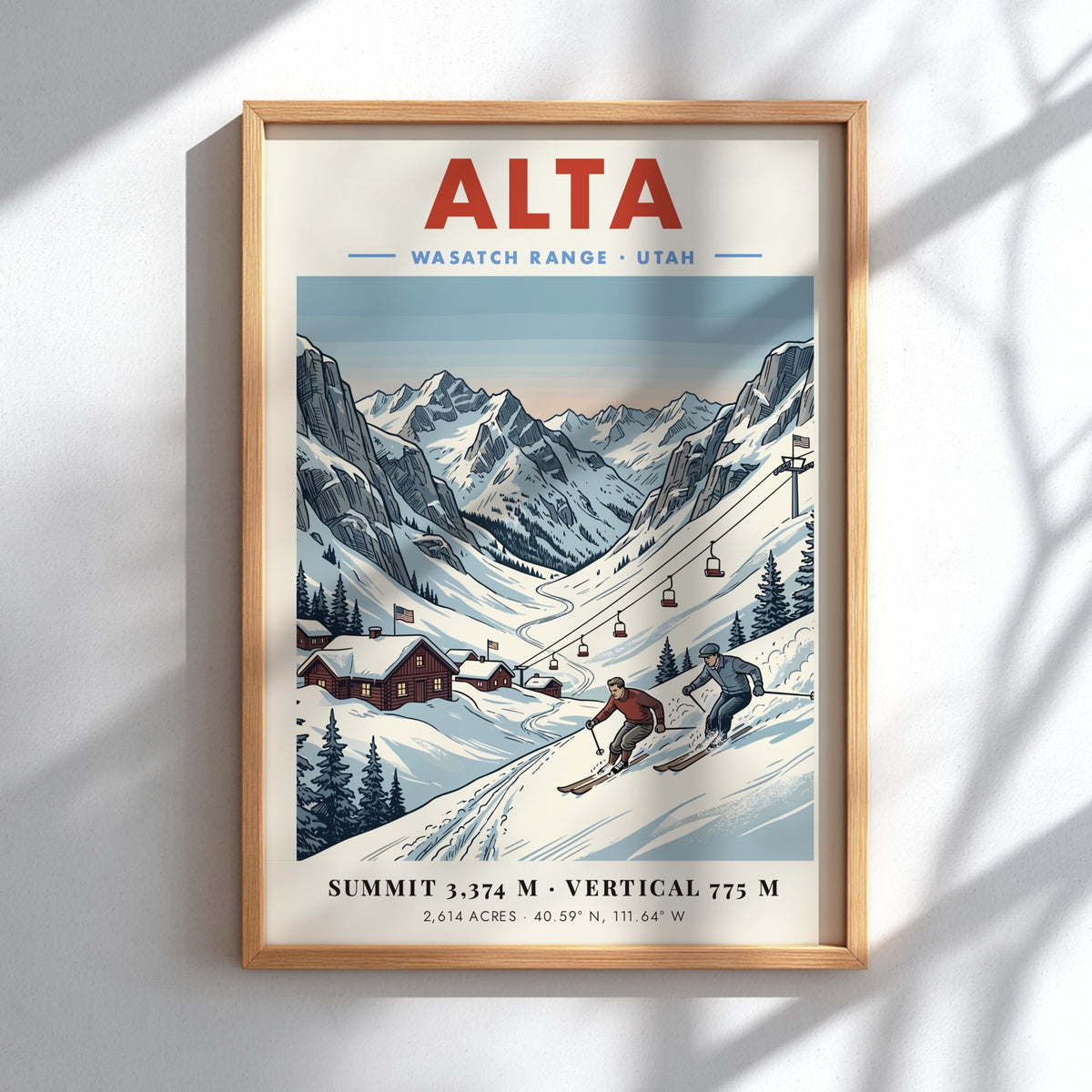 Vintage travel poster of Alta Utah showing skiers on a mountain with cabins