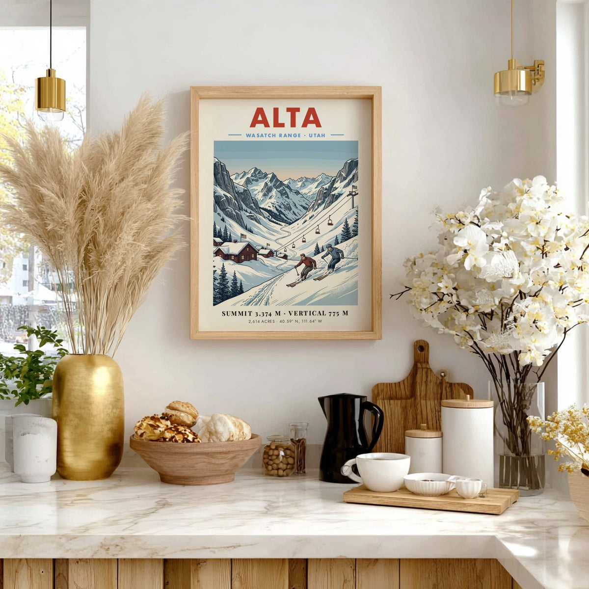 Vintage travel poster of Alta Utah showing skiers on a mountain with cabins