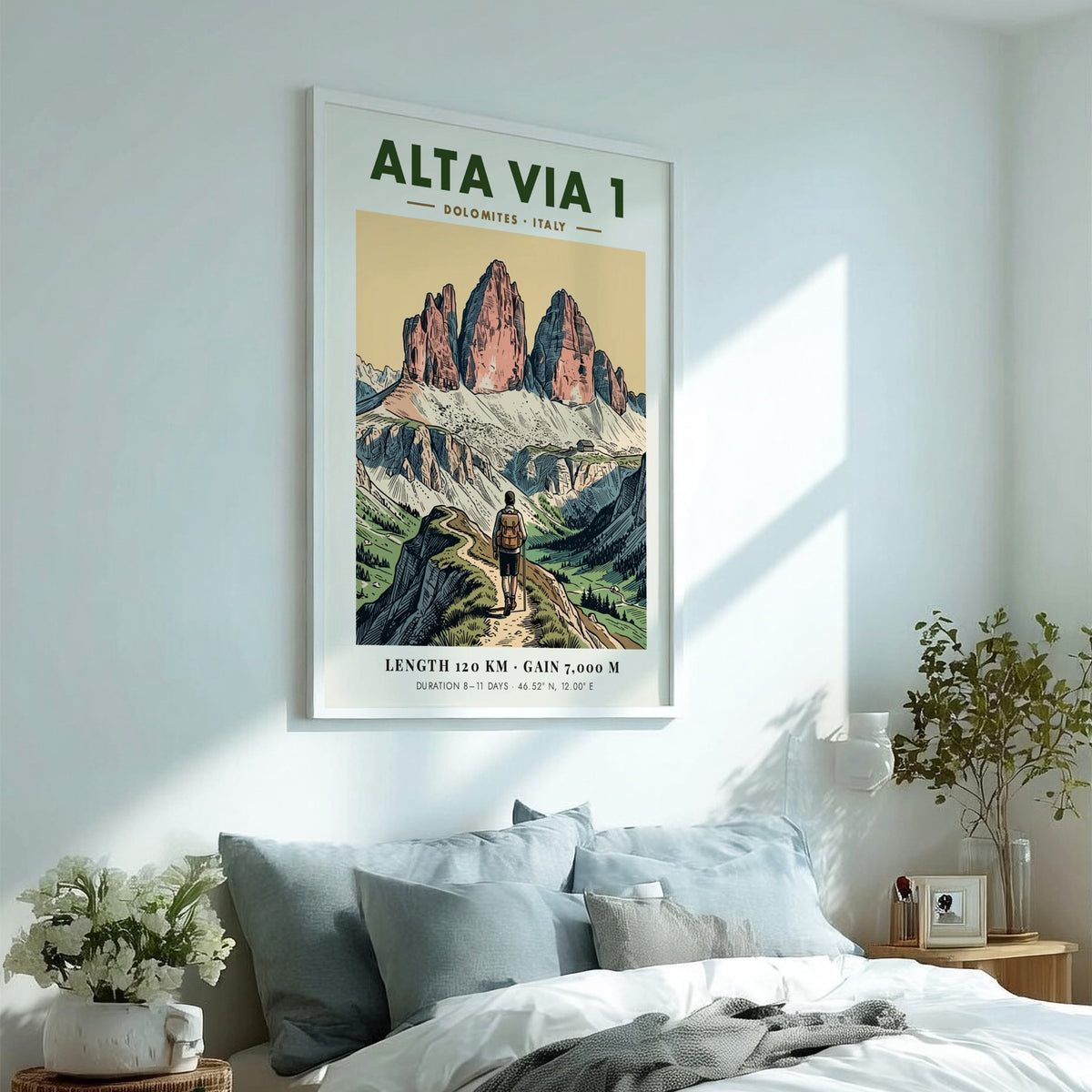 Poster of the Alta Via 1 Dolomites trail featuring a hiker in mountains.