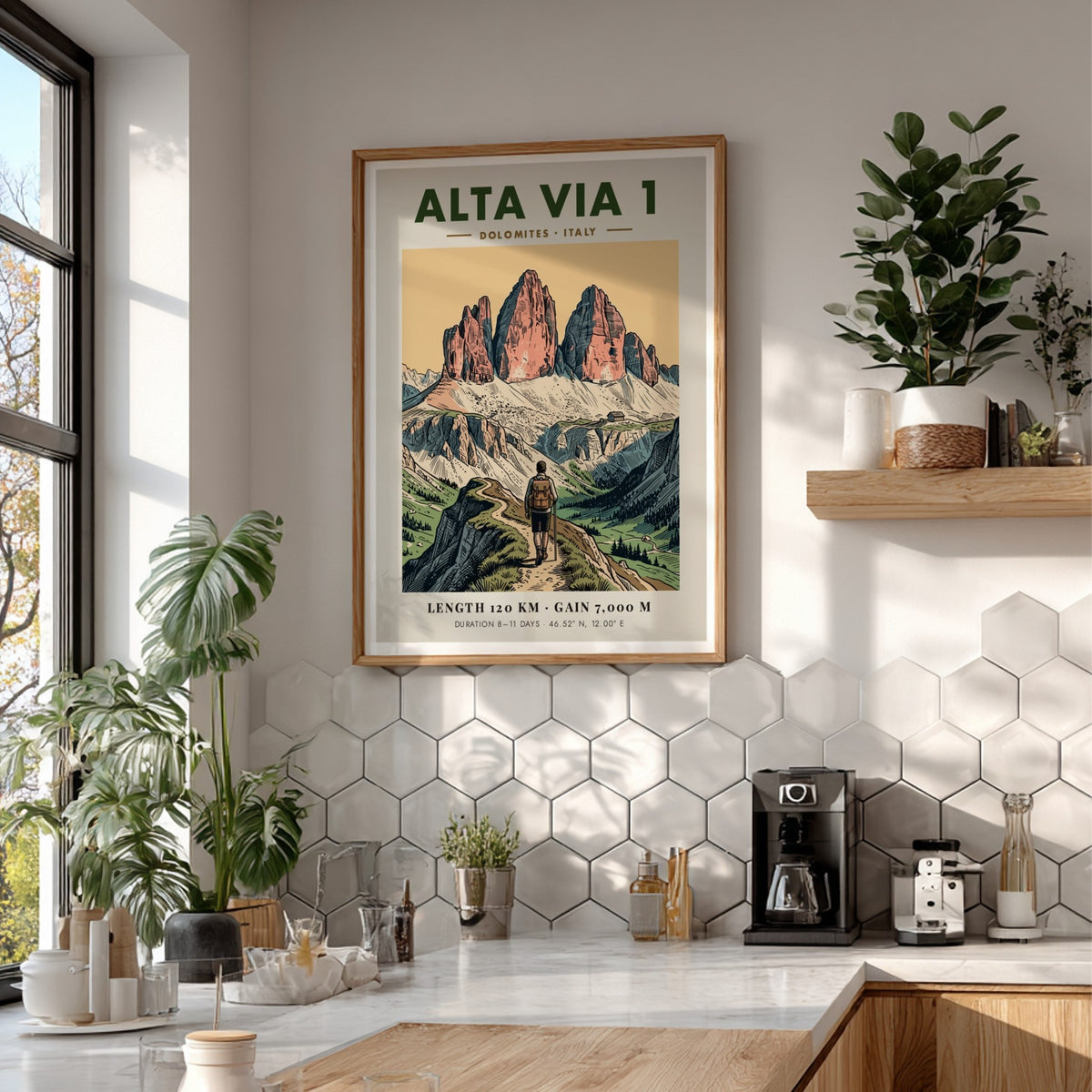 Poster of the Alta Via 1 Dolomites trail featuring a hiker in mountains.