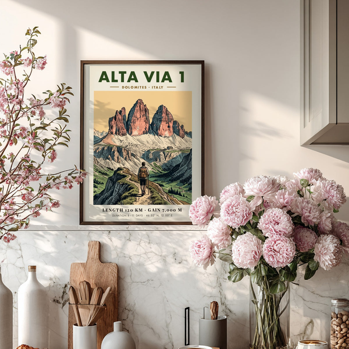 Poster of the Alta Via 1 Dolomites trail featuring a hiker in mountains.