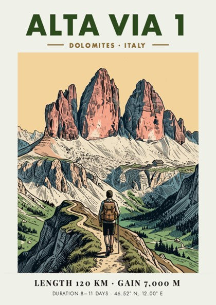 Poster of the Alta Via 1 Dolomites trail featuring a hiker in mountains.