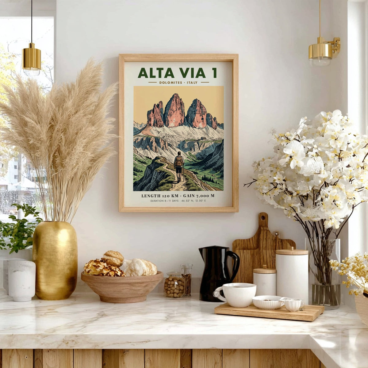 Poster of the Alta Via 1 Dolomites trail featuring a hiker in mountains.