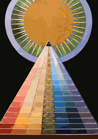 Poster of Hilma af Klint's Altarpiece No. 1, featuring a colorful pyramid and sun.