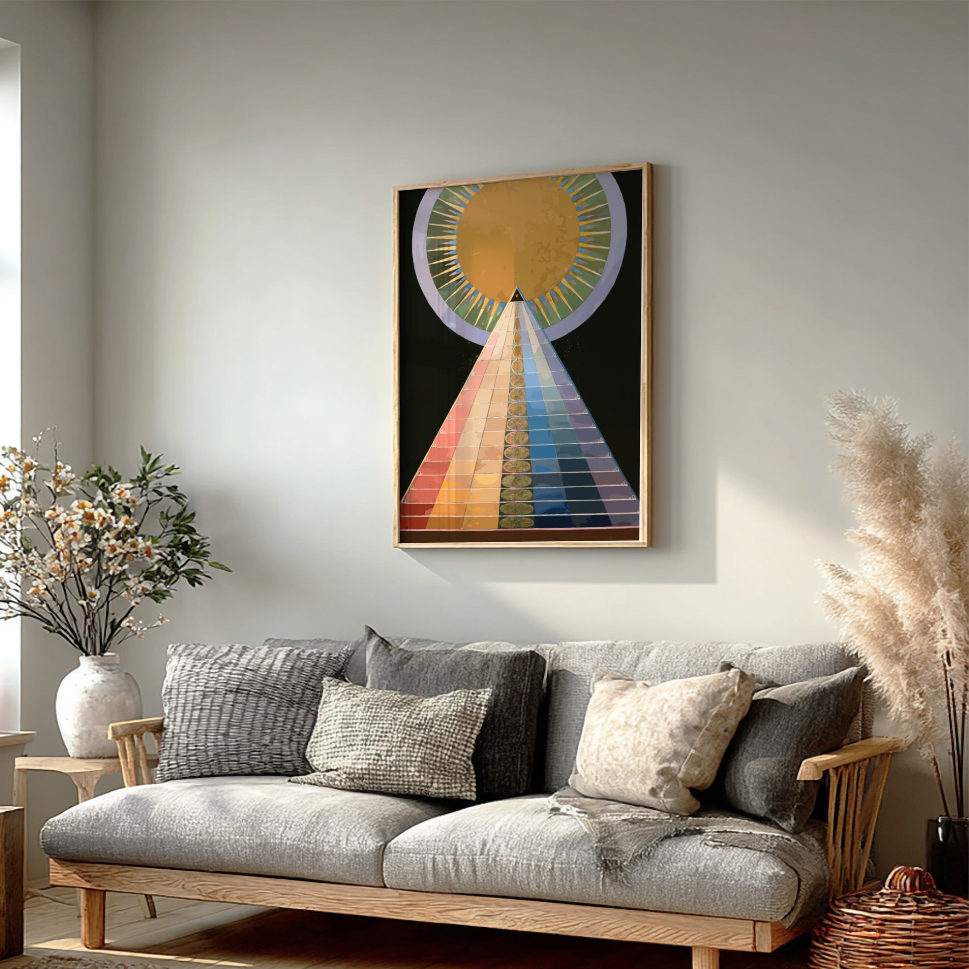 Poster of Hilma af Klint's Altarpiece No. 1, featuring a colorful pyramid and sun.