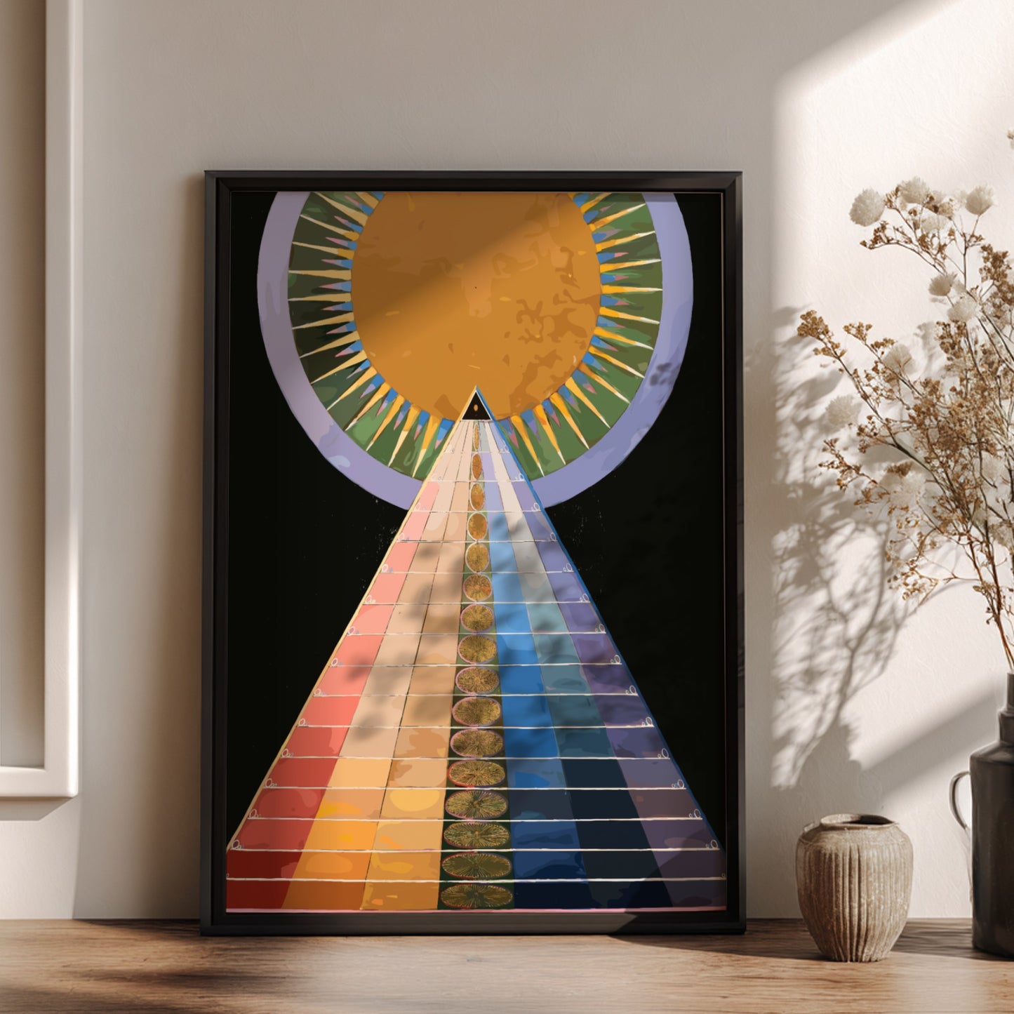 Poster of Hilma af Klint's Altarpiece No. 1, featuring a colorful pyramid and sun.