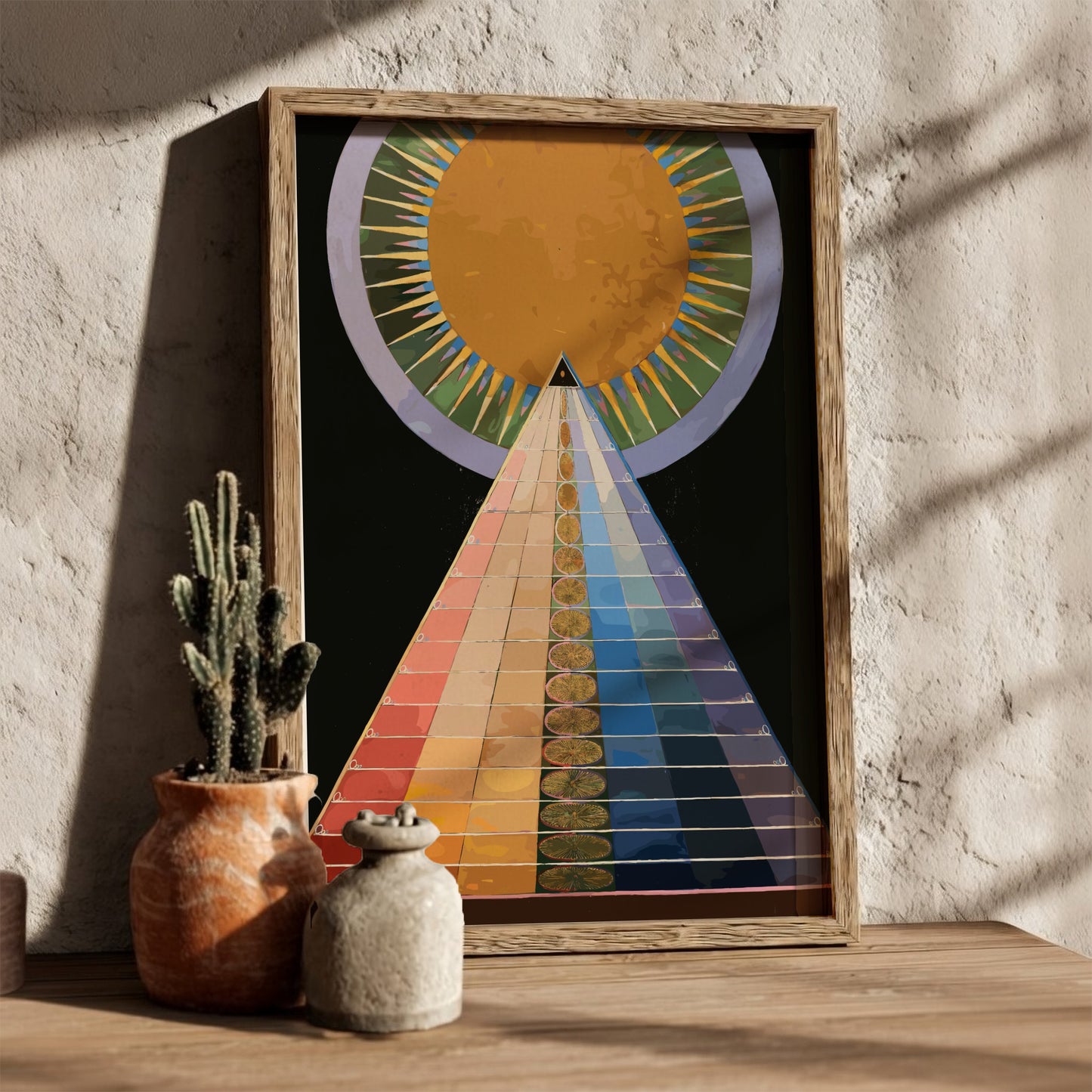 Poster of Hilma af Klint's Altarpiece No. 1, featuring a colorful pyramid and sun.