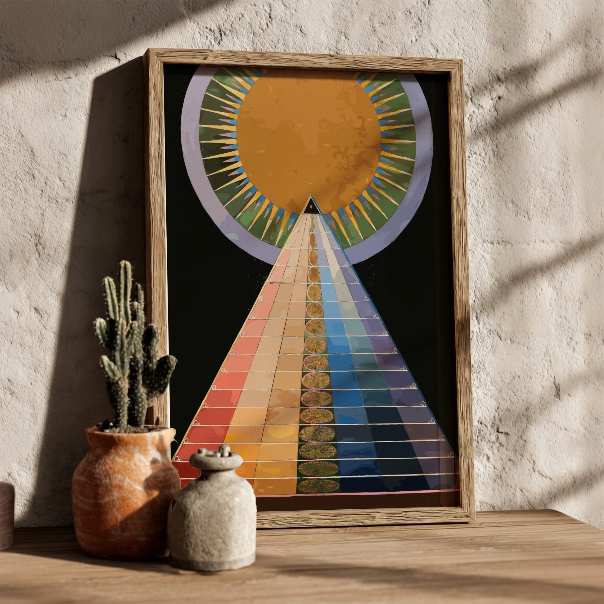 Poster of Hilma af Klint's Altarpiece No. 1, featuring a colorful pyramid and sun.