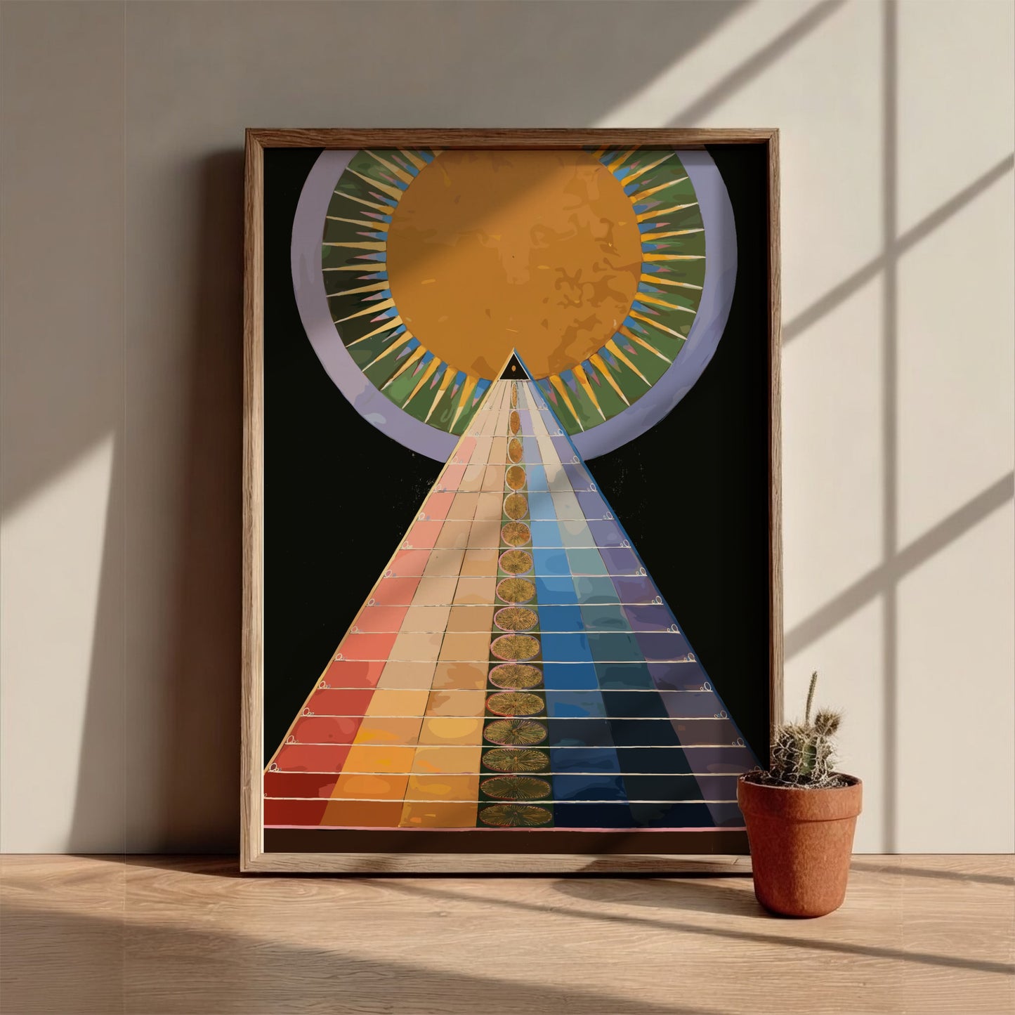 Poster of Hilma af Klint's Altarpiece No. 1, featuring a colorful pyramid and sun.
