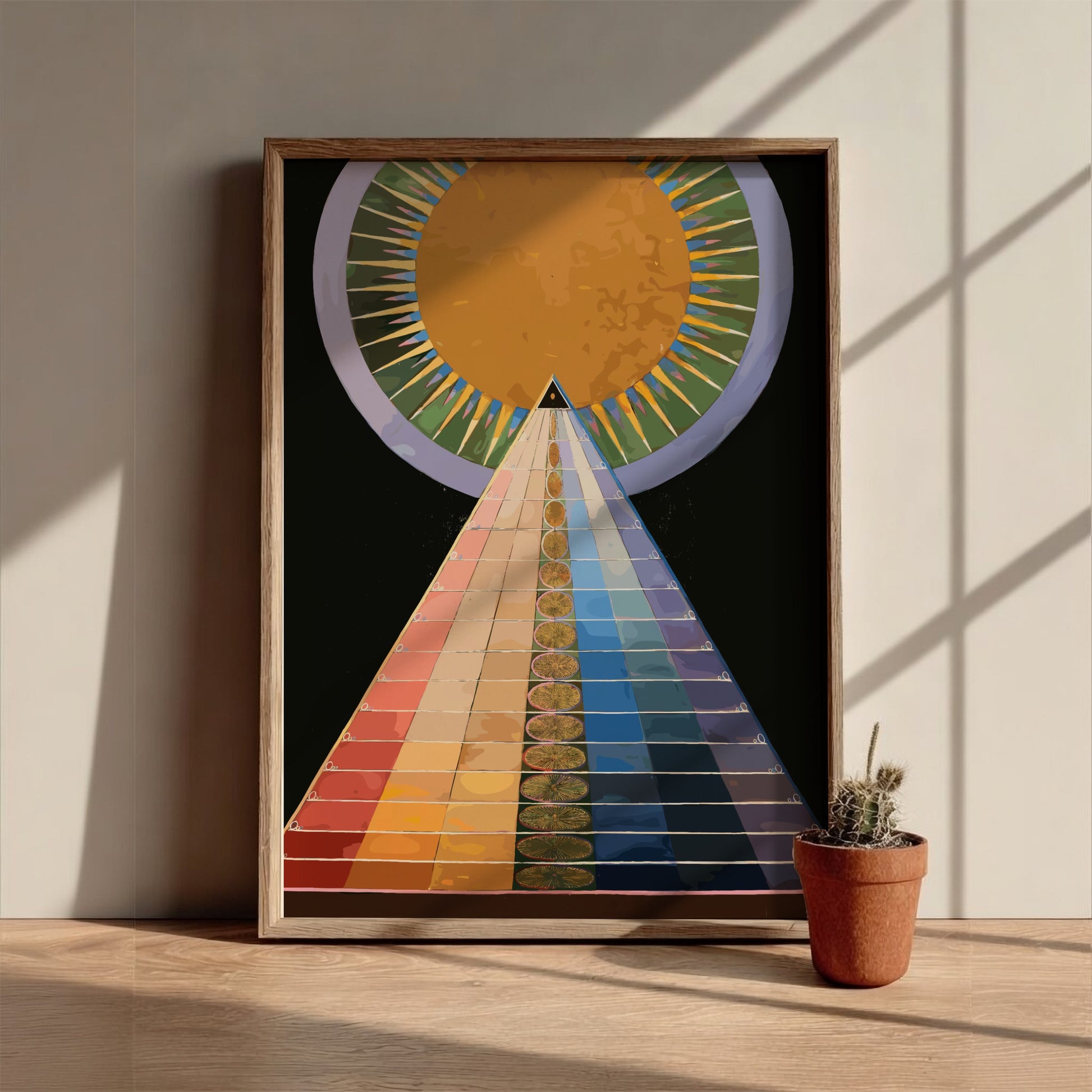 Poster of Hilma af Klint's Altarpiece No. 1, featuring a colorful pyramid and sun.