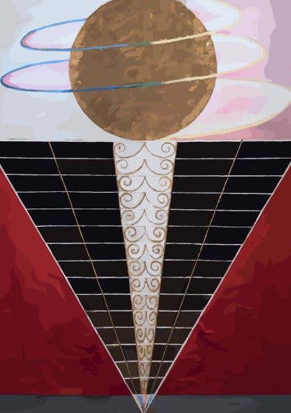 Poster of Hilma af Klint's "Altarpiece" featuring a golden orb, abstract shapes, and spiritual motifs.