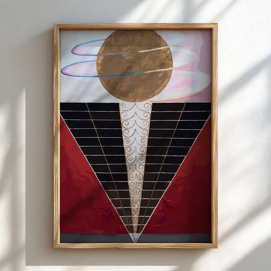 Poster of Hilma af Klint's "Altarpiece" featuring a golden orb, abstract shapes, and spiritual motifs.