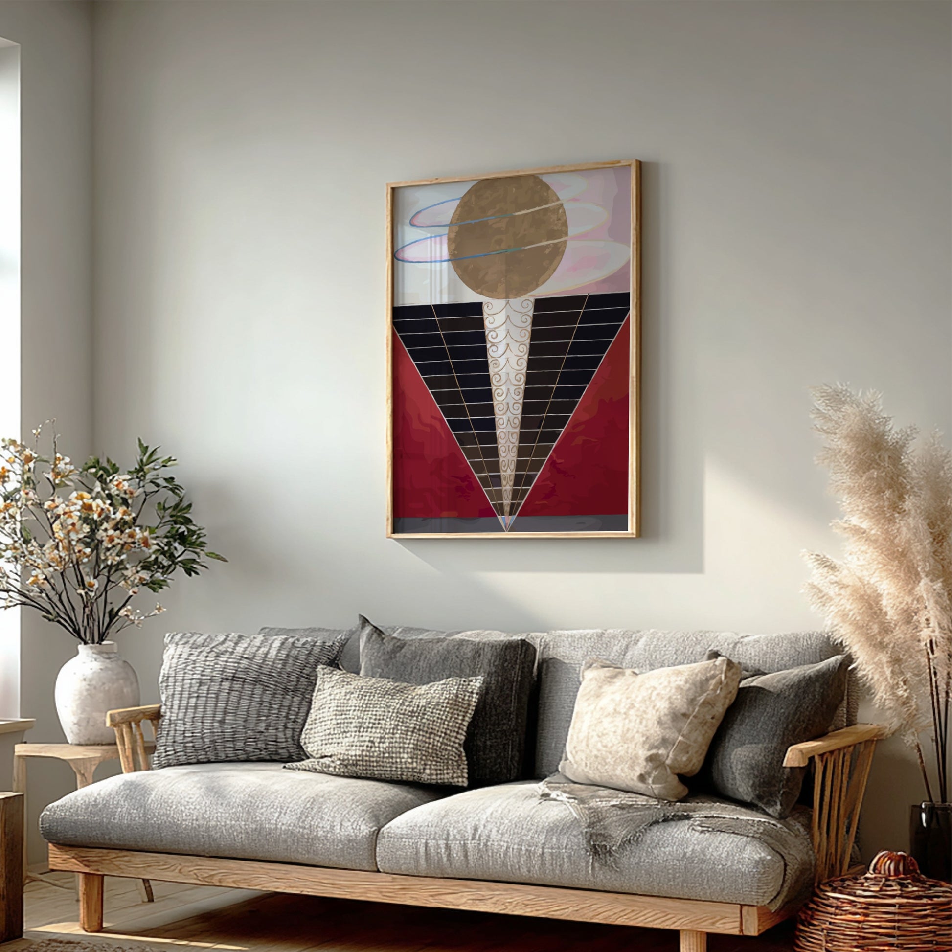Poster of Hilma af Klint's "Altarpiece" featuring a golden orb, abstract shapes, and spiritual motifs.