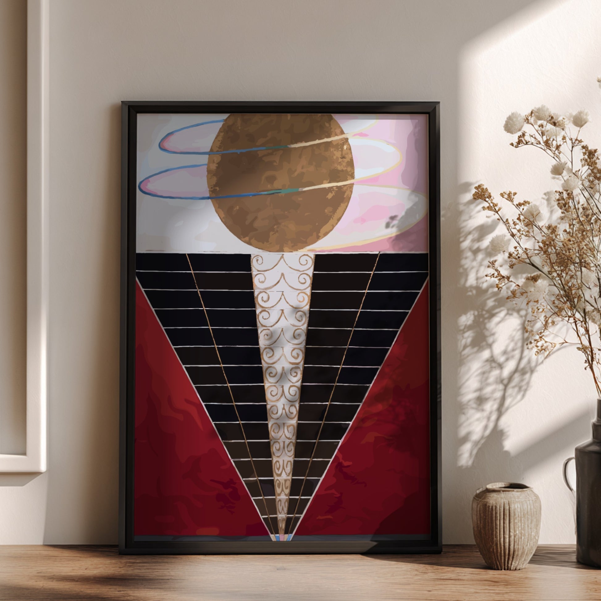 Poster of Hilma af Klint's "Altarpiece" featuring a golden orb, abstract shapes, and spiritual motifs.