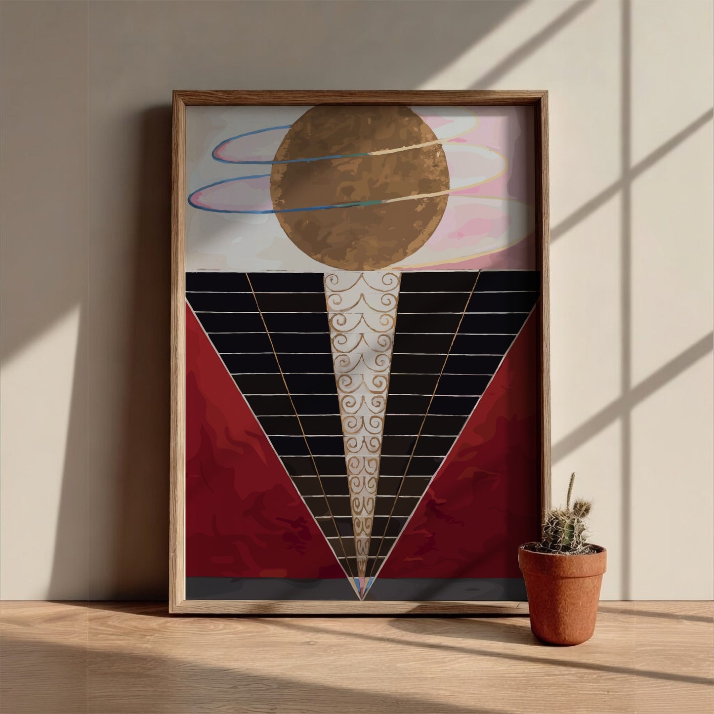 Poster of Hilma af Klint's "Altarpiece" featuring a golden orb, abstract shapes, and spiritual motifs.