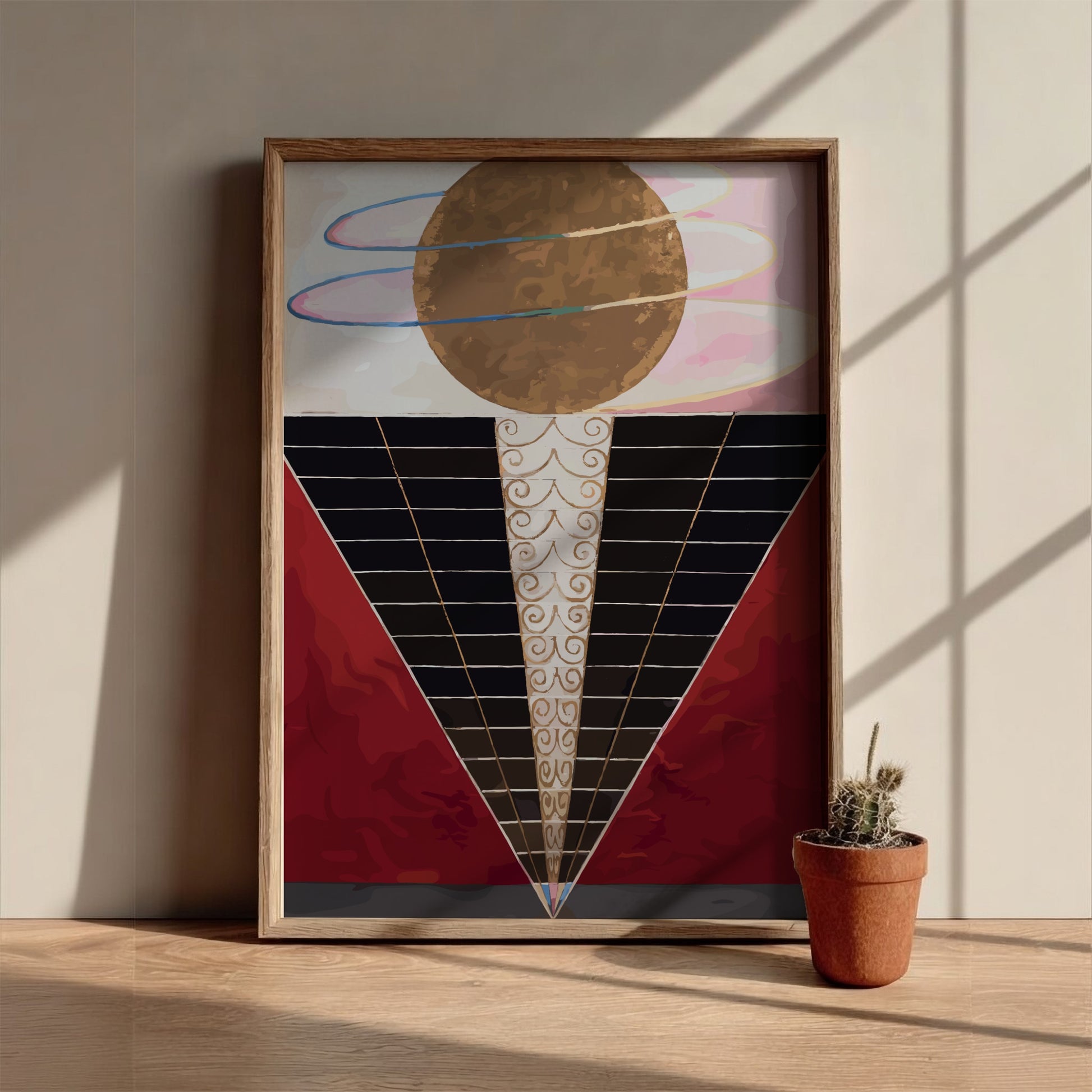 Poster of Hilma af Klint's "Altarpiece" featuring a golden orb, abstract shapes, and spiritual motifs.