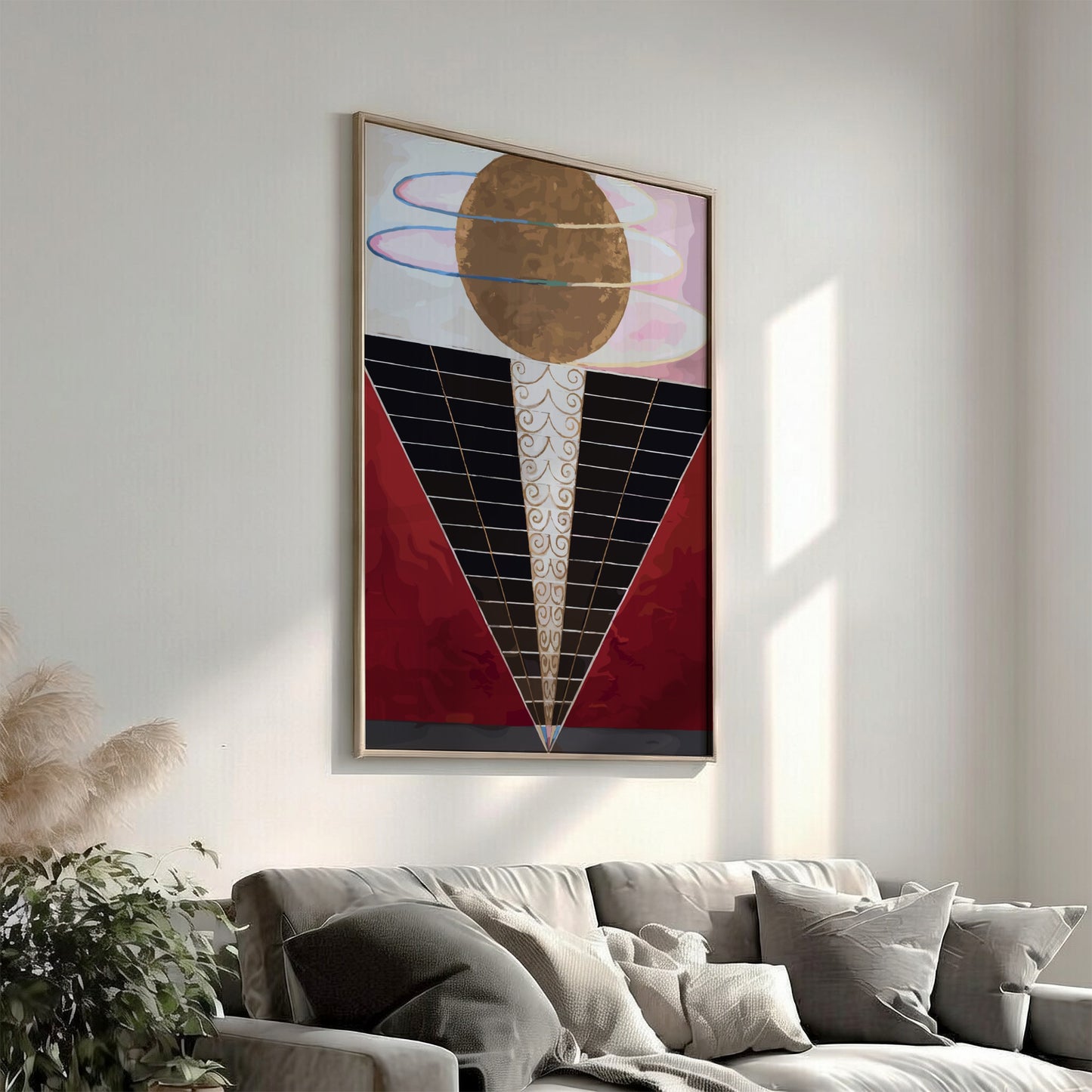 Poster of Hilma af Klint's "Altarpiece" featuring a golden orb, abstract shapes, and spiritual motifs.