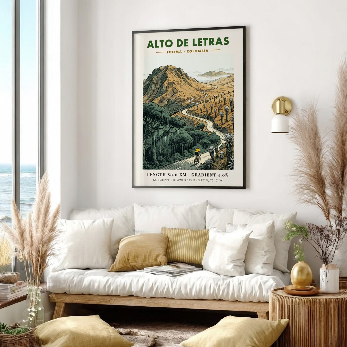 Poster of a cyclist climbing the winding Alto De Letras road in Tolima Colombia.