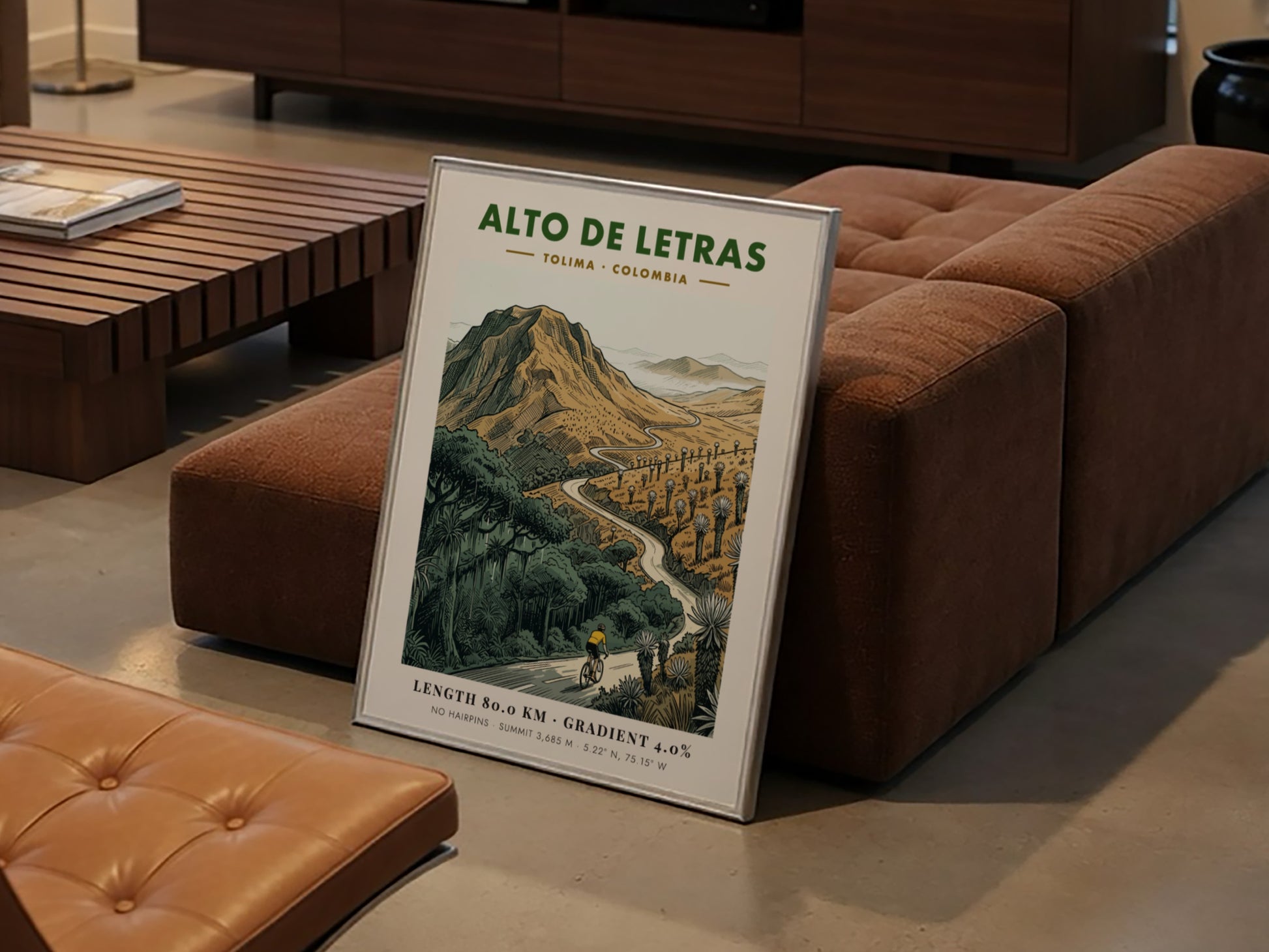 Poster of a cyclist climbing the winding Alto De Letras road in Tolima Colombia.