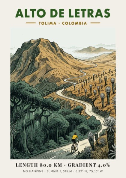 Poster of a cyclist climbing the winding Alto De Letras road in Tolima Colombia.