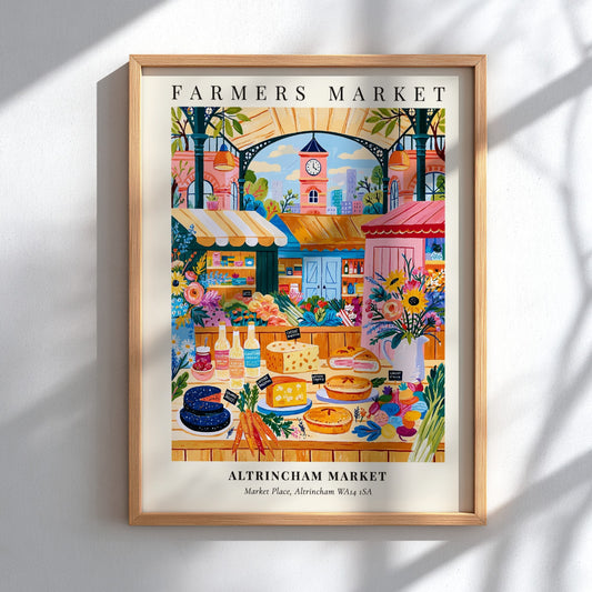Farmers market poster featuring Altrincham Market with colorful stalls and flowers in a vibrant illustration