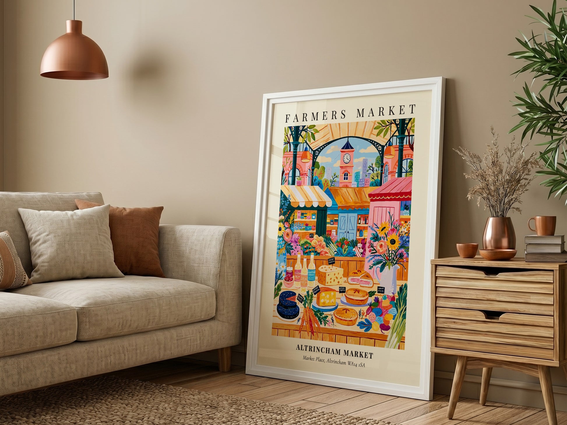 Farmers market poster featuring Altrincham Market with colorful stalls and flowers in a vibrant illustration