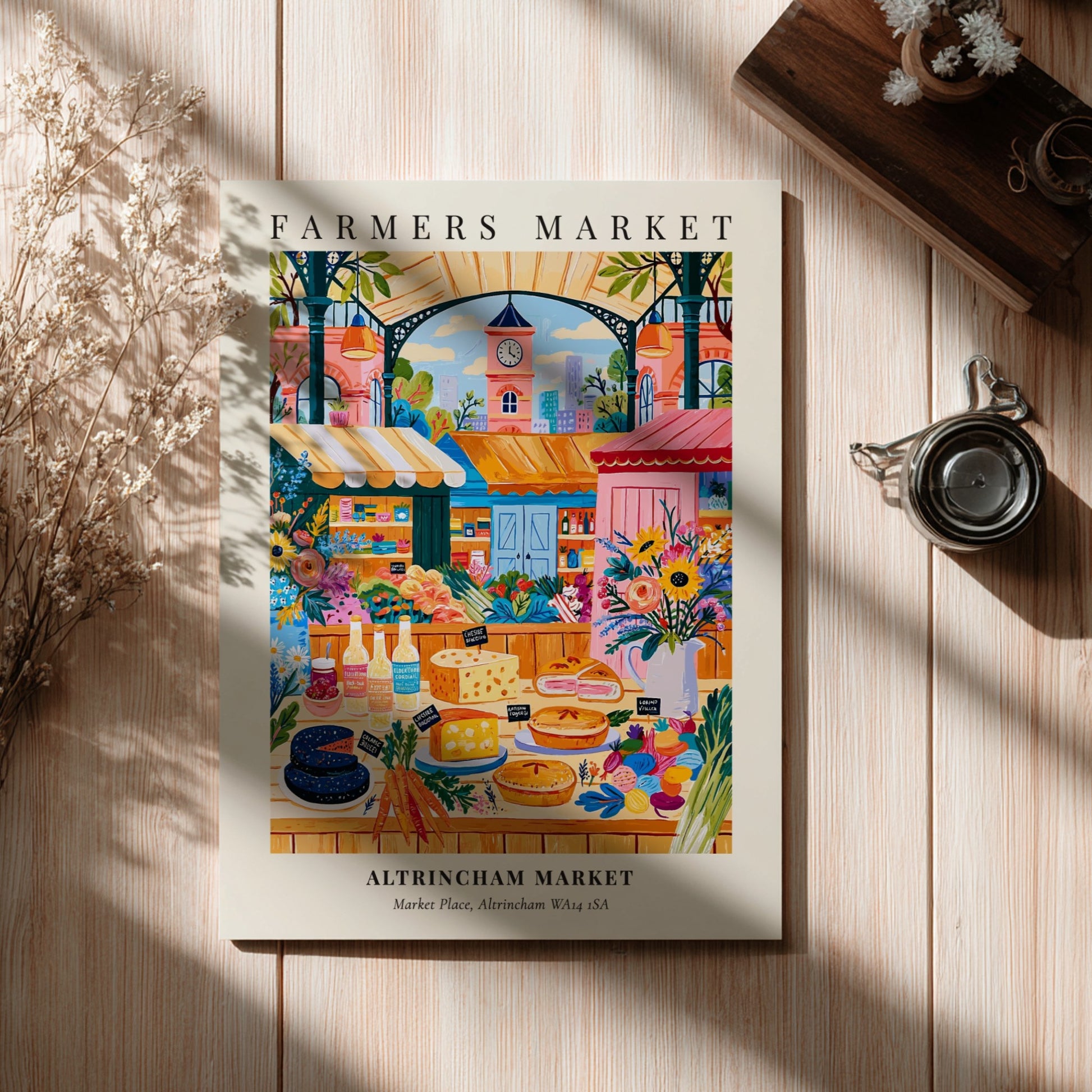 Farmers market poster featuring Altrincham Market with colorful stalls and flowers in a vibrant illustration