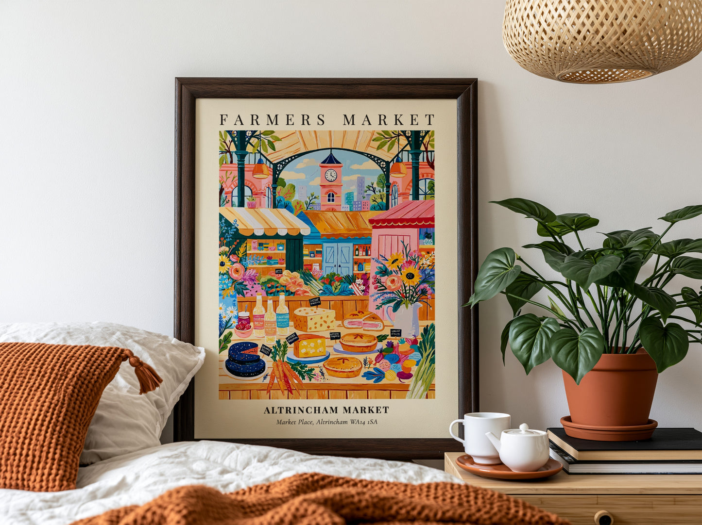 Farmers market poster featuring Altrincham Market with colorful stalls and flowers in a vibrant illustration