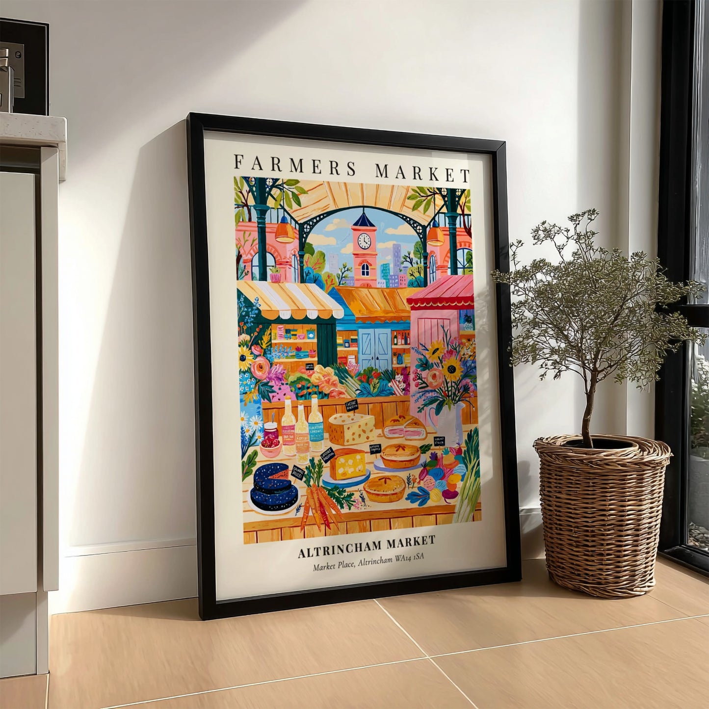 Farmers market poster featuring Altrincham Market with colorful stalls and flowers in a vibrant illustration