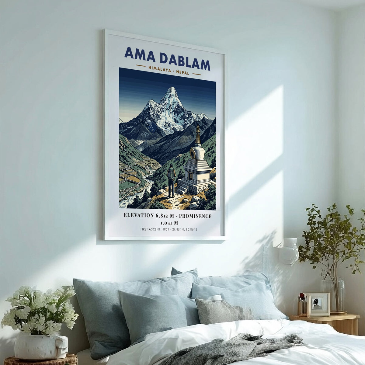 Poster of Ama Dablam mountain in Nepal featuring a hiker and stone stupa.