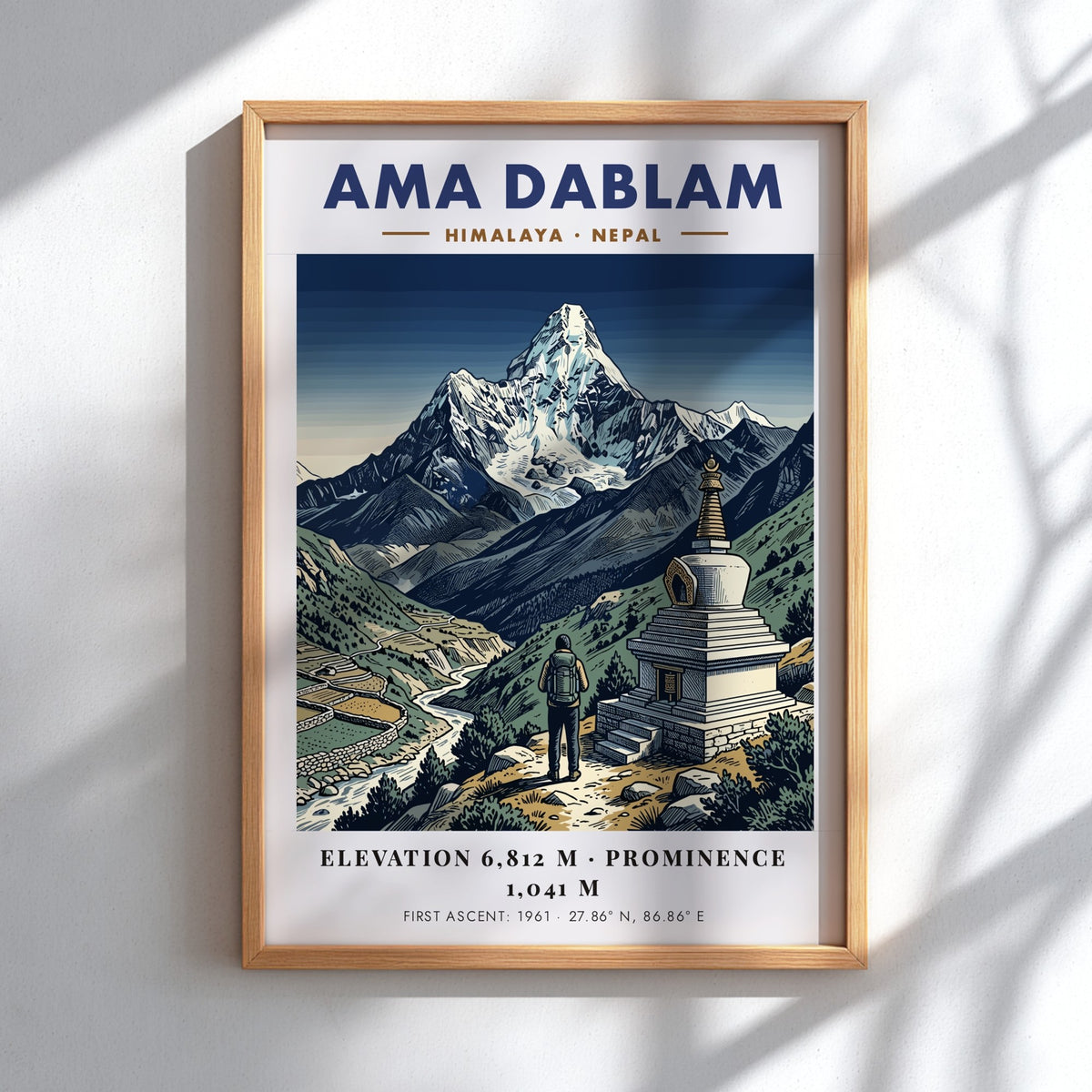 Poster of Ama Dablam mountain in Nepal featuring a hiker and stone stupa.