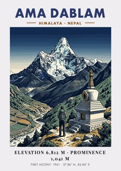 Poster of Ama Dablam mountain in Nepal featuring a hiker and stone stupa.