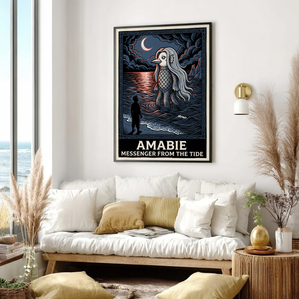 Poster featuring Amabie, a scaled mythical sea creature, standing on a beach at night.