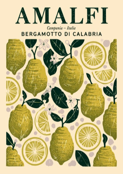 Bergamot kitchen poster featuring green lemons and yellow slices, vintage style, perfect for kitchen decor.