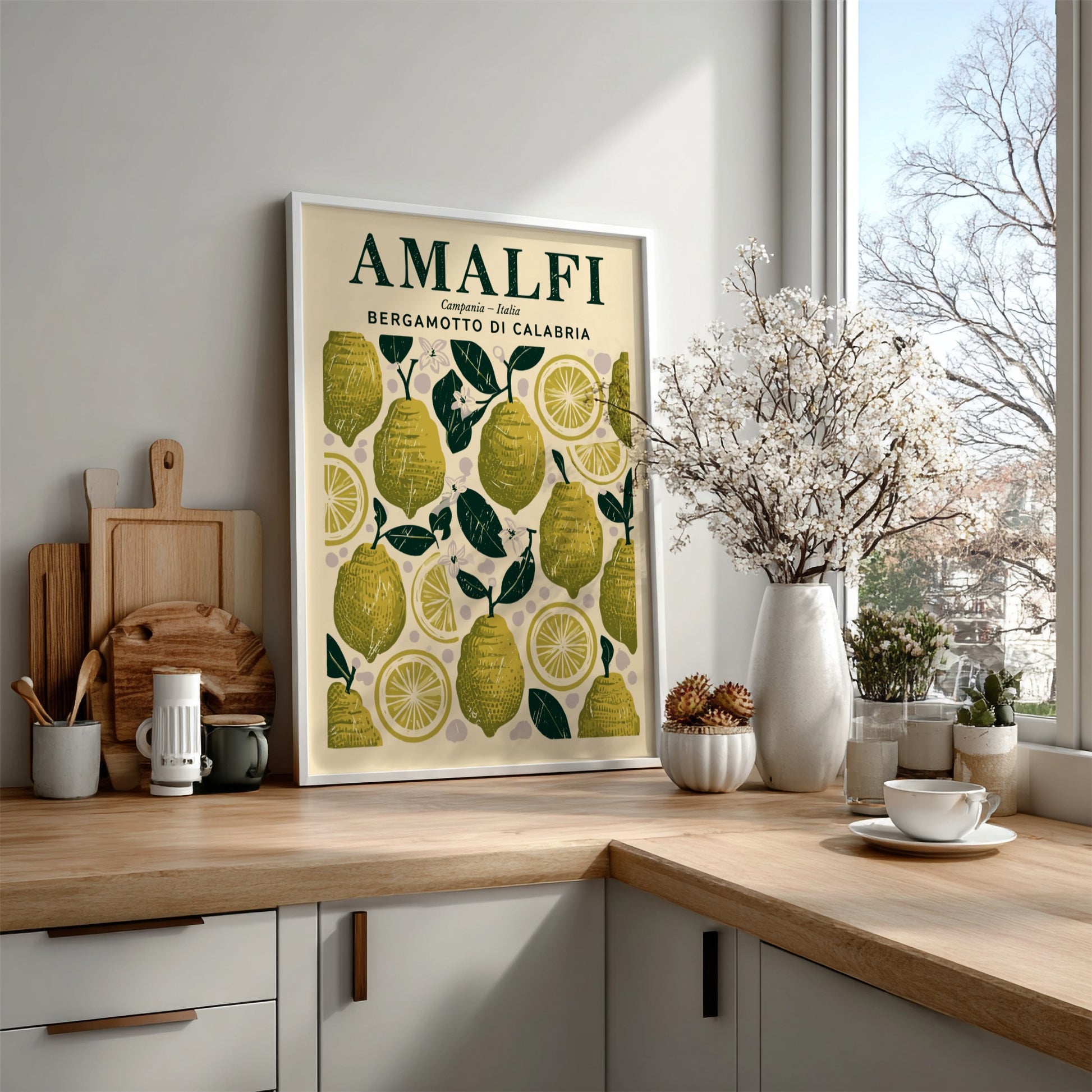 Bergamot kitchen poster featuring green lemons and yellow slices, vintage style, perfect for kitchen decor.