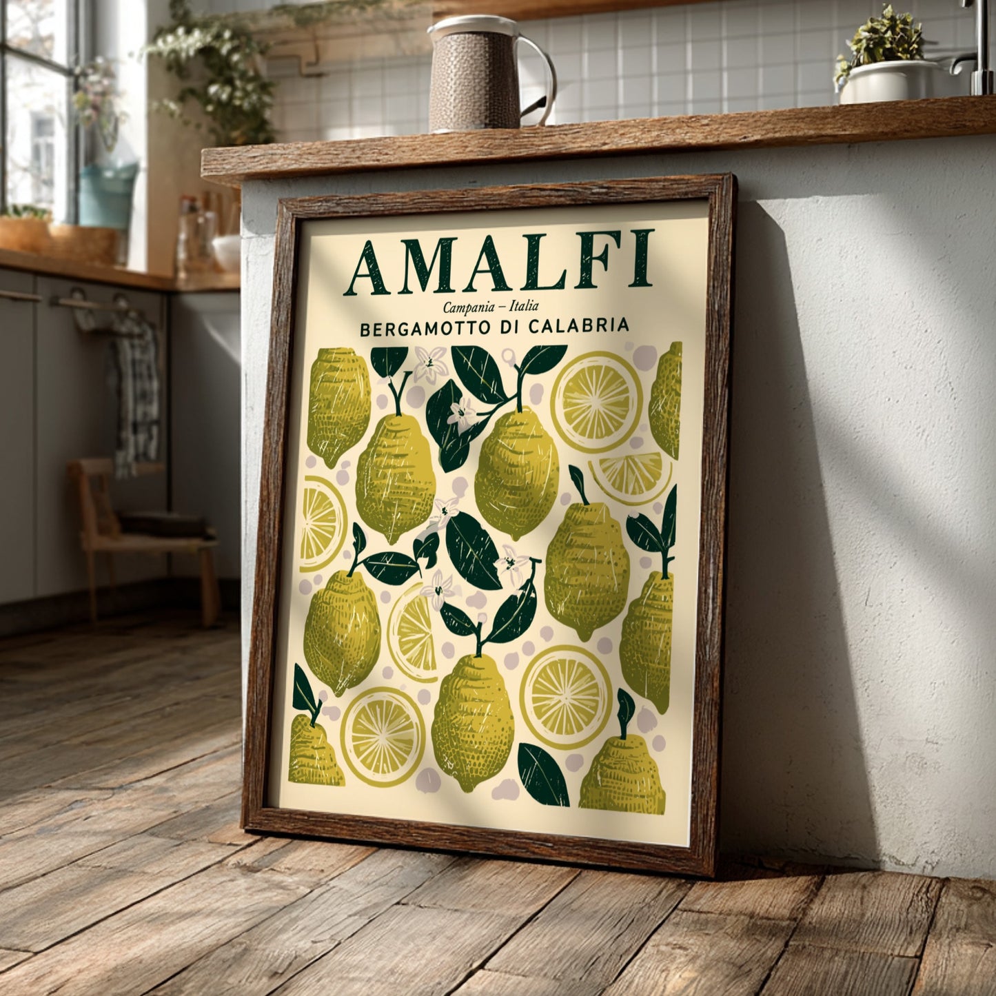 Bergamot kitchen poster featuring green lemons and yellow slices, vintage style, perfect for kitchen decor.