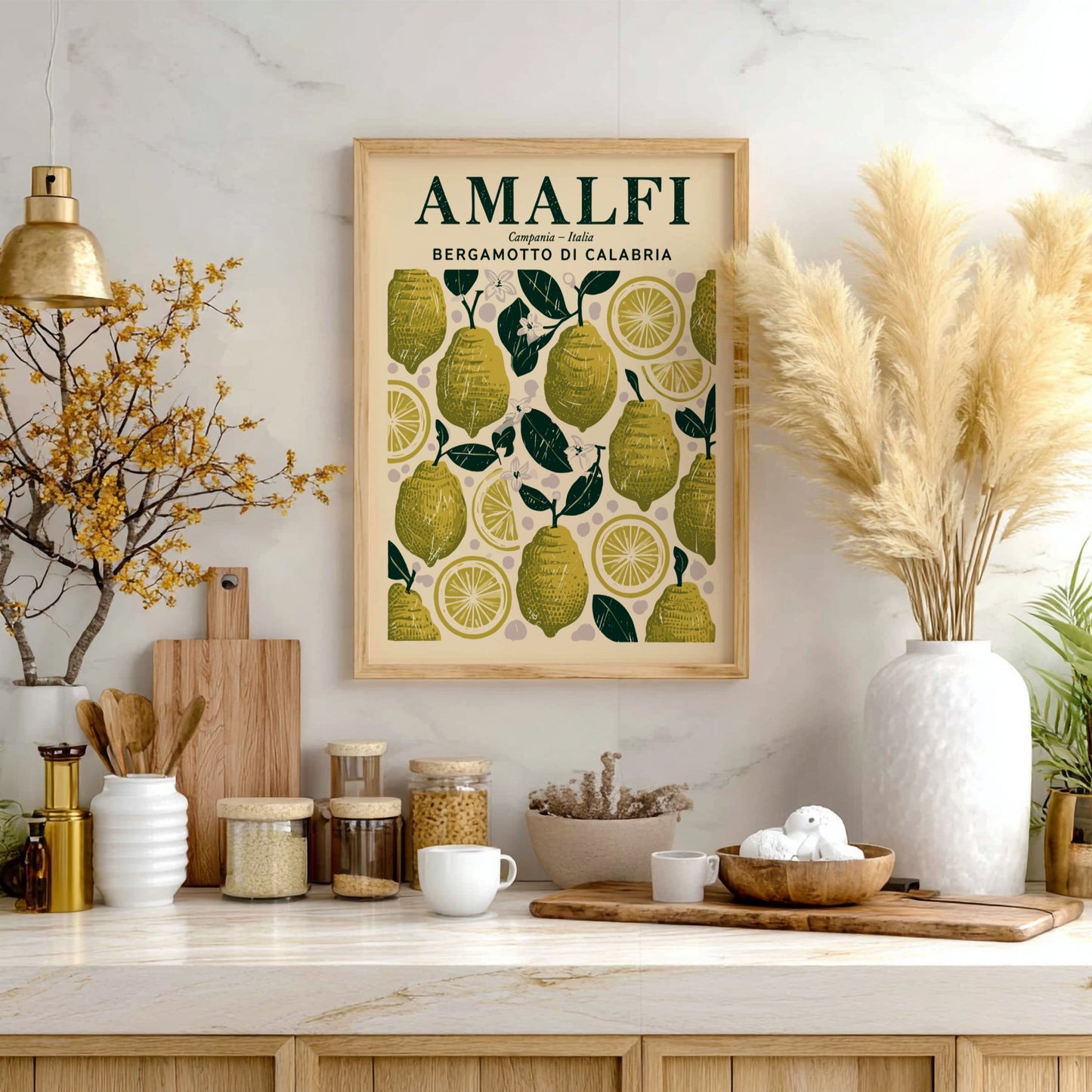 Bergamot kitchen poster featuring green lemons and yellow slices, vintage style, perfect for kitchen decor.