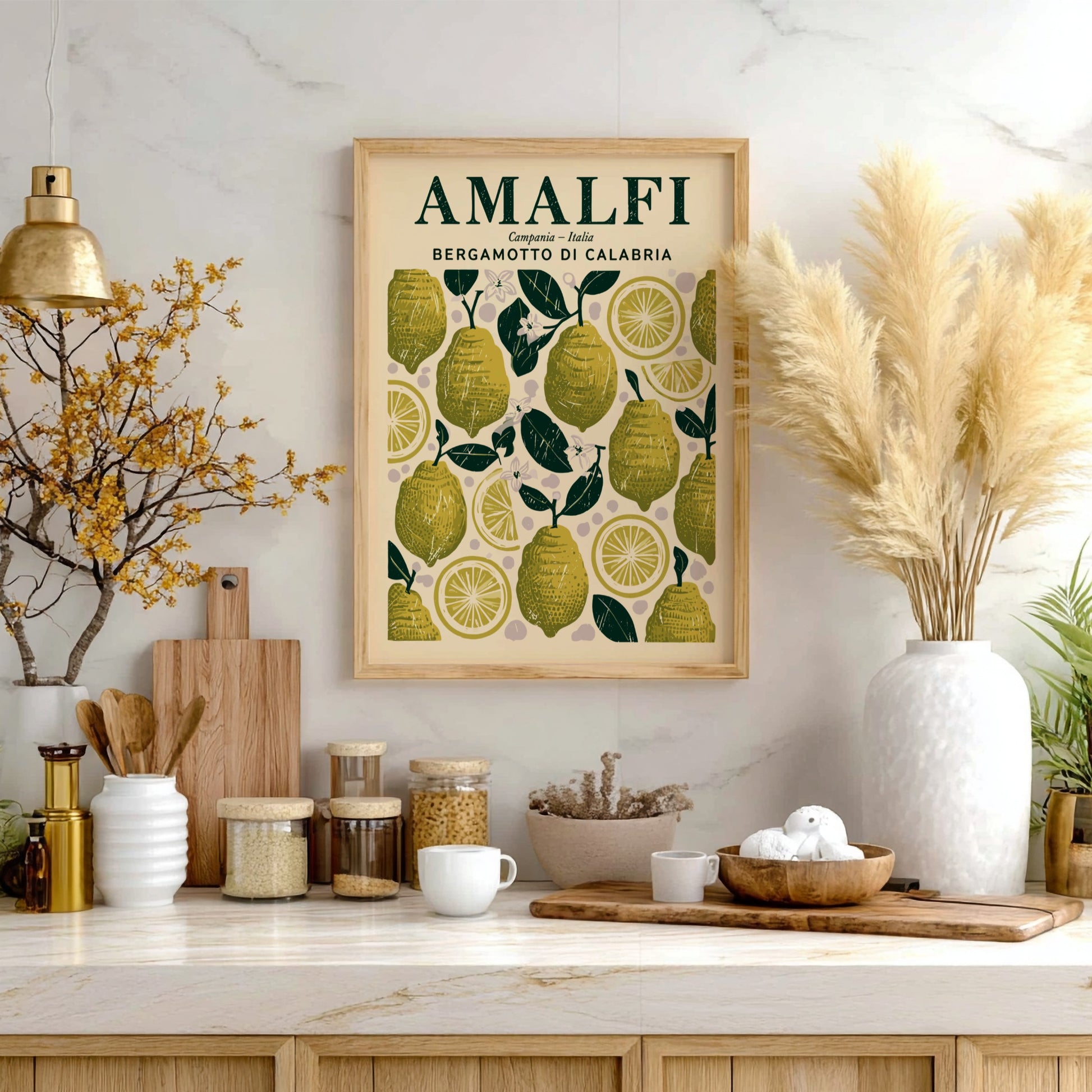 Bergamot kitchen poster featuring green lemons and yellow slices, vintage style, perfect for kitchen decor.