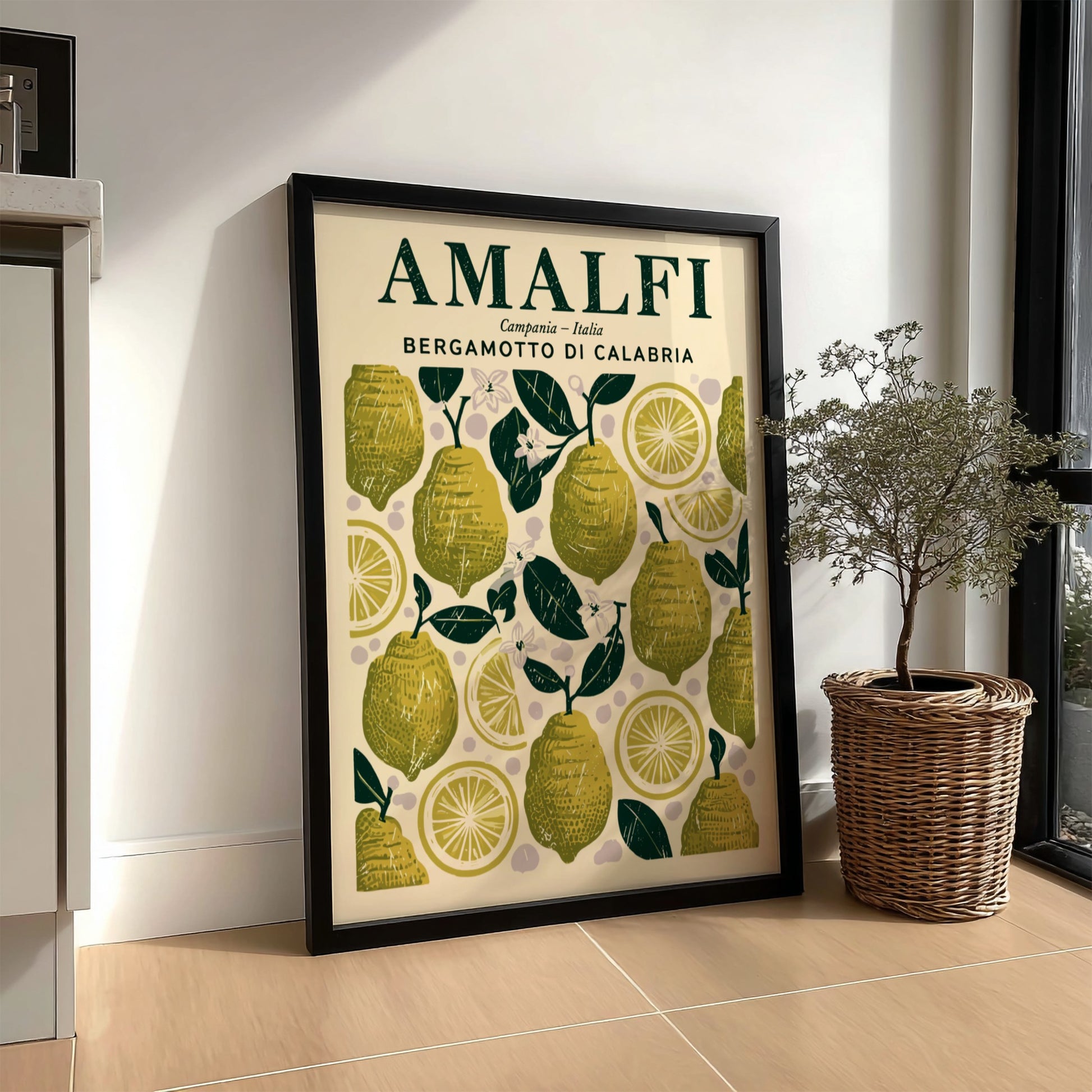 Bergamot kitchen poster featuring green lemons and yellow slices, vintage style, perfect for kitchen decor.
