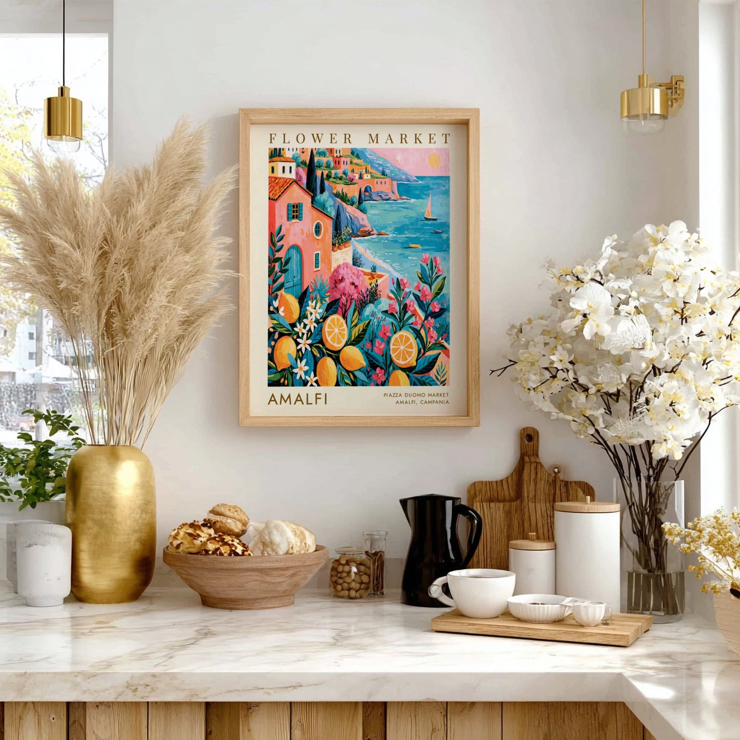 Flower market poster featuring Amalfi coastal scene with bright colors and floral elements