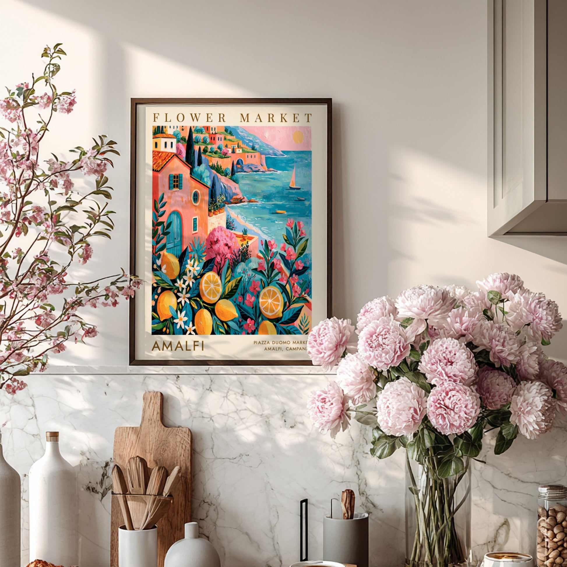 Flower market poster featuring Amalfi coastal scene with bright colors and floral elements